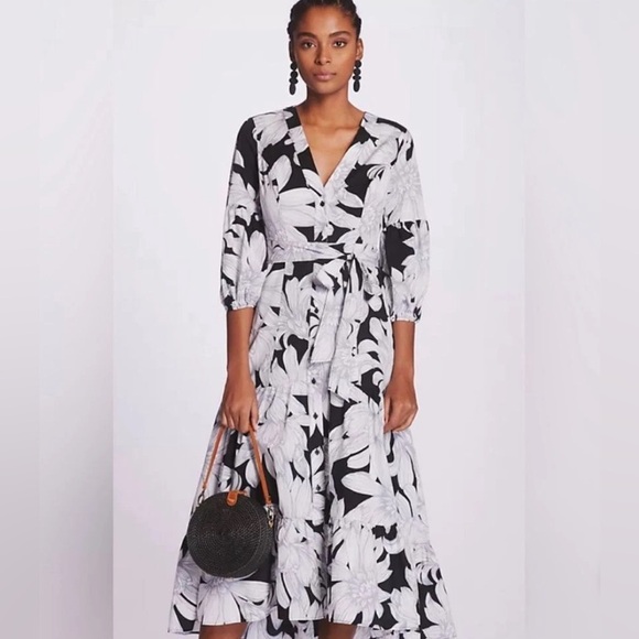Maeve by Anthropologie Black and White Ruffled Gown with Bishop Sleeves - Picture 2 of 5